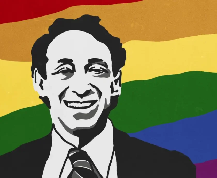 Illustration of Harvey Milk with rainbow flag behind him